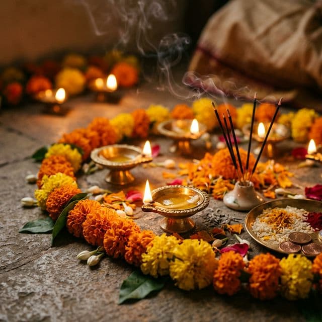 Puja flowers and diyas — devotion